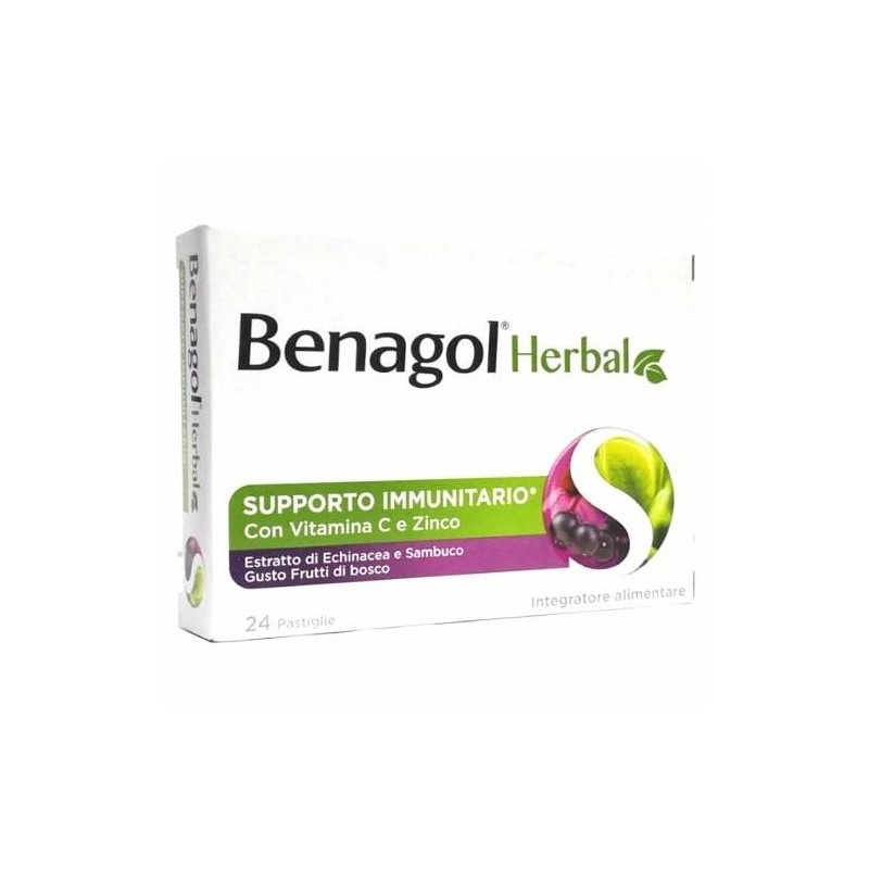 Benagol Herbal Frutti Di Bosco Supporto per il Sistema Immunitario 24 Pastiglie con vitamina C e Echinacea