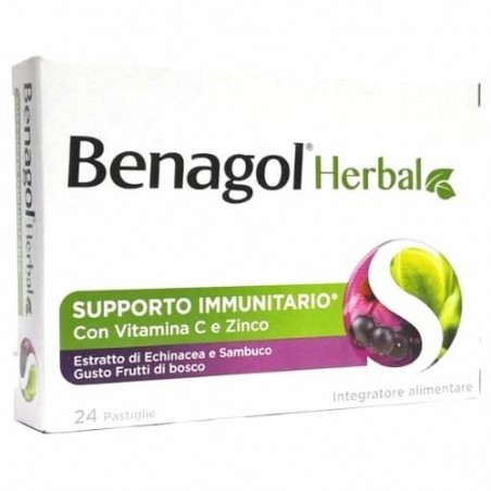 Benagol Herbal Frutti Di Bosco Supporto per il Sistema Immunitario 24 Pastiglie con vitamina C e Echinacea