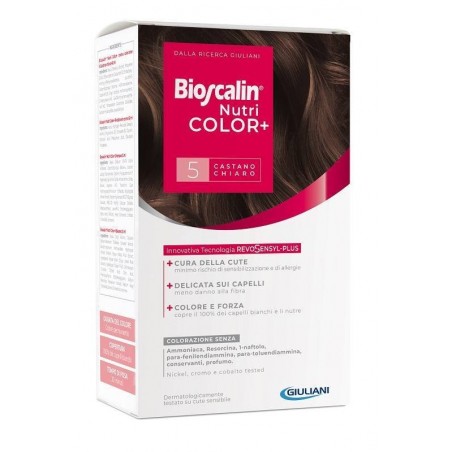 Giuliani Bioscalin Nutricolor Plus 5 Castano Chiaro Crema Colorante 40 Ml + Rivelatore Crema 60 Ml + Shampoo 12 Ml + Trattamento