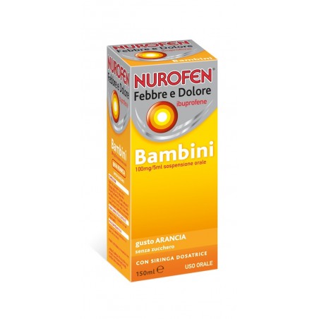 Nurofen Febbre e Dolore Sciroppo Bambini 100mg/5ml Ibuprofene Gusto Arancia Senza Zucchero 150 ml