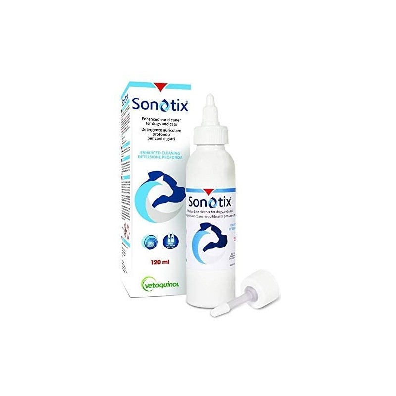 Vetoquinol Italia Sonotix Detergente Auricolare Profondo Cani E Gatti 120 Ml + Cannula Corta Rigida + Cannula Lunga Flessibile