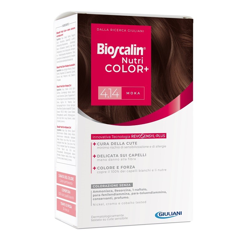 Giuliani Bioscalin Nutricolor Plus 4,14 Moka Crema Colorante 40 Ml + Rivelatore Crema 60 Ml + Shampoo 12 Ml + Trattamento Finale