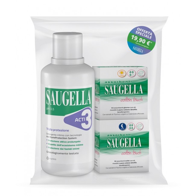 Meda Pharma Saugella Acti3 Detergente Intimo + 2 Scatole Assorbenti Giorno E Notte