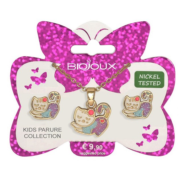 Bjs001 Kids Parure Orecchini e Collanina per Bambine Sleepy Kitty