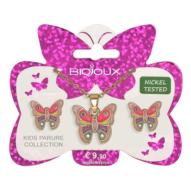 Bjs009 Kids Parure Orecchini e Collanina Pink Butterfly Gold Plated in Acciaio Chirurgico