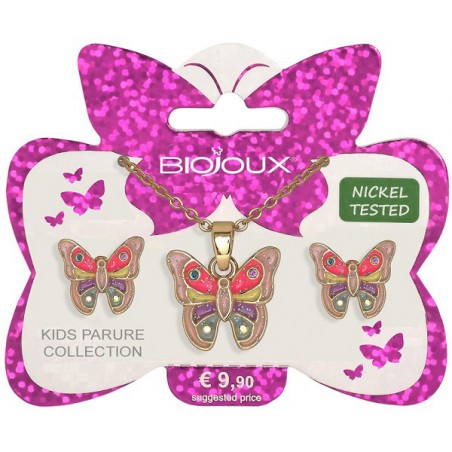 Bjs009 Kids Parure Orecchini e Collanina Pink Butterfly Gold Plated in Acciaio Chirurgico