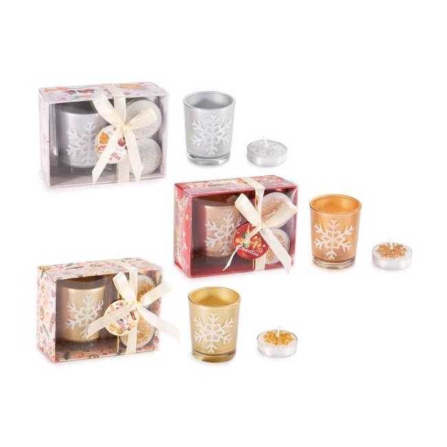 Scatola Regalo con Portacandela in Vetro e 2 Tea Light Decorate Glitterate