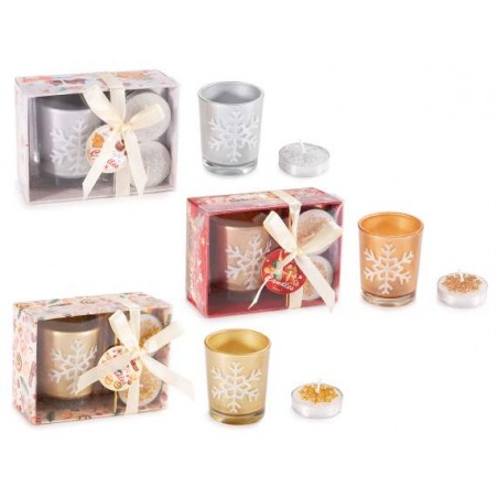 Scatola Regalo con Portacandela in Vetro e 2 Tea Light Decorate Glitterate