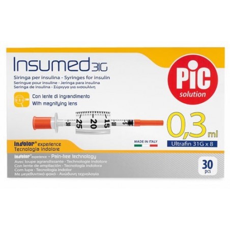 Pikdare Siringa Per Insulina Pic Insumed 0,3 Ml 100 Ui Spazio Zero Ago 31 Gauge 8 Mm 3 Sacchetti Da 10 Pezzi